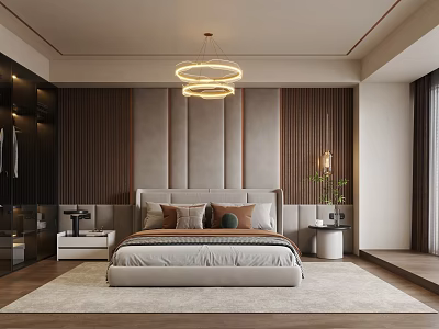 Modern Bedroom Double Bed With Gray Upholstered Bedhead Wall Wooden Slats And Circular Pendant Lights 3d model