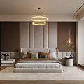 Modern Bedroom Double Bed With Gray Upholstered Bedhead Wall Wooden Slats And Circular Pendant Lights