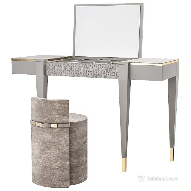 Elegant Gray Dressing Table With Mirror Upholstered Stool And Gold Legs 3d model