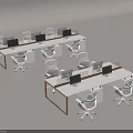 Modern Office Desk and Chair Set with Long White Tables Computer Monitors and Dividers