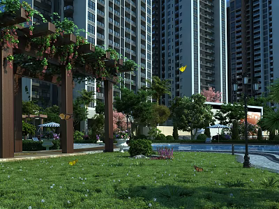 Modern Garden Landscape With Pergola Green Lawn Pool And Tall Buildings 3d model
