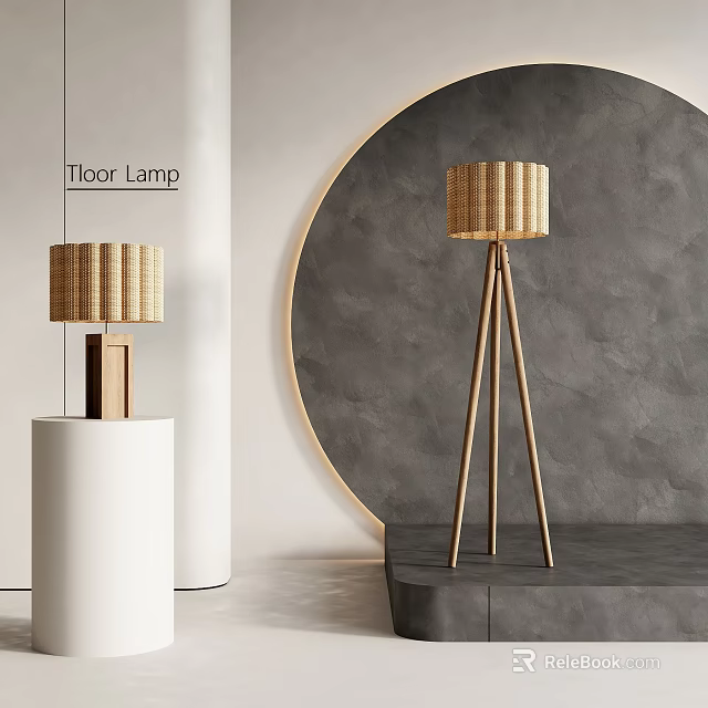 Modern Floor Lamps With Woven Shades And Wooden Tripod Bases In Minimalist Interior 3d model 