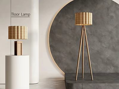 Modern Floor Lamps With Woven Shades And Wooden Tripod Bases In Minimalist Interior 3d model