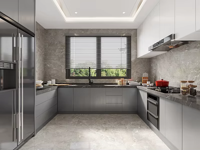 Modern Kitchen With Gray Cabinets Marble Countertops Stainless Steel Refrigerator Window Blinds And Green Plants 3d model
