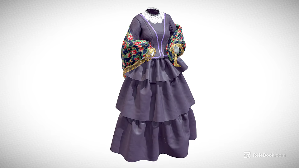 Purple Dress With Fitted Waist Layered Skirt White Lace Collar And Colorful Floral Sleeves 3d model 