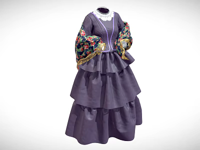 Purple Dress With Fitted Waist Layered Skirt White Lace Collar And Colorful Floral Sleeves 3d model