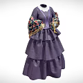 Purple Dress With Fitted Waist Layered Skirt White Lace Collar And Colorful Floral Sleeves