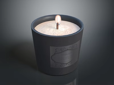 Lit Candle In Black Container With White Wax And Decorative Label 3d model