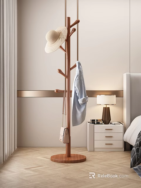 Modern Coat Rack With Shirt Hat And Handbag In Bedroom Near Bedside Table And Lamp 3d model 