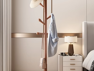 Modern Coat Rack With Shirt Hat And Handbag In Bedroom Near Bedside Table And Lamp 3d model