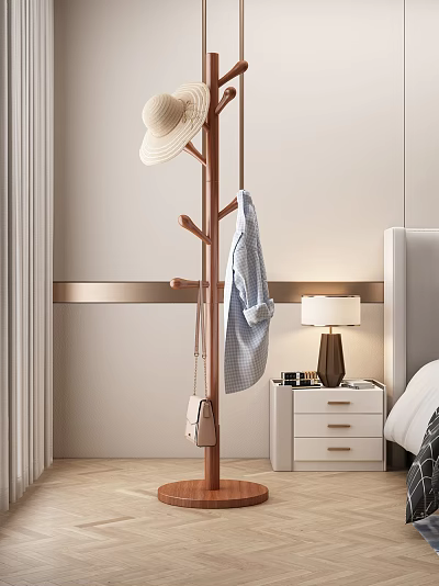 Modern Coat Rack With Shirt Hat And Handbag In Bedroom Near Bedside Table And Lamp 3d model