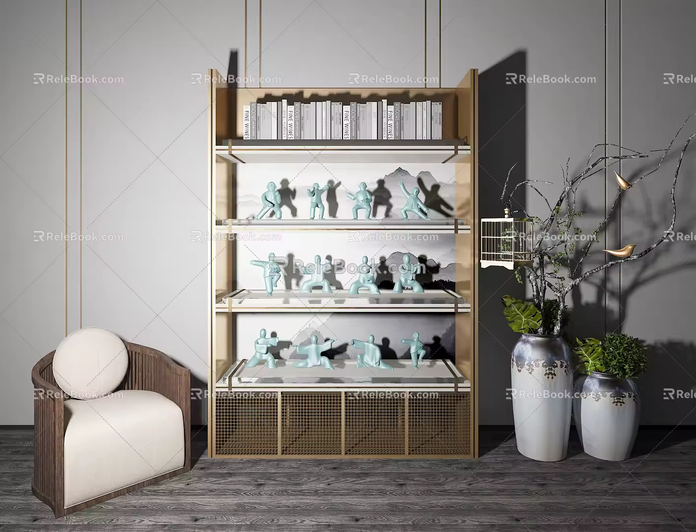 New Chinese Style Locker Character Single Chair Display Cabinet Combination 3d model