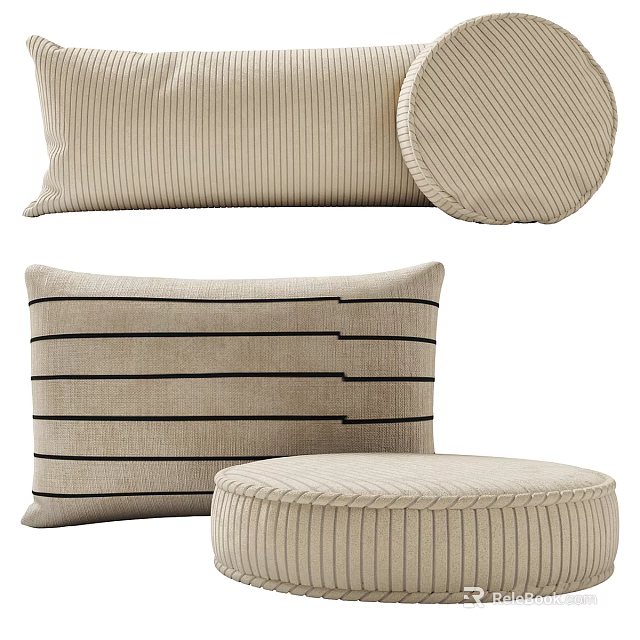 Cozy Beige Decorative Pillows Rectangular And Round With Striped Woven Textures 3d model 