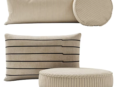 Cozy Beige Decorative Pillows Rectangular And Round With Striped Woven Textures 3d model