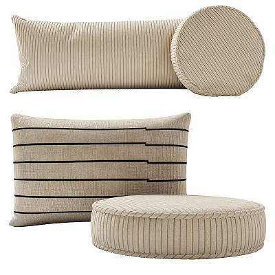 Cozy Beige Decorative Pillows Rectangular And Round With Striped Woven Textures 3d model
