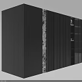 Modern Black Display Cabinet With Vertical Slats Glass Door And Open Shelves Design