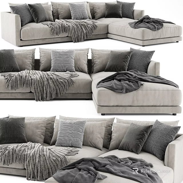 Modern Sectional Sofa With Multiple Soft Pillows And Cozy Knit Blankets 3d model