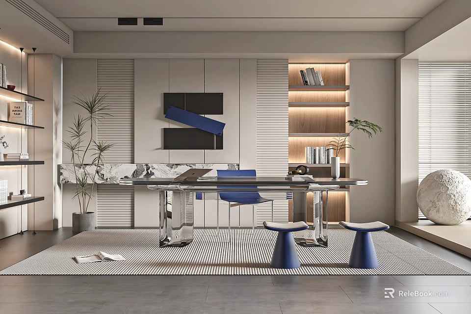 Modern Study Room Interior Design With Open Bookshelves Desk And Green Plants 3d model 