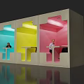 Colorful Modern Work Pods With Seated People And Tables In Blue Yellow Pink
