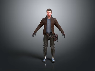 Man Wearing Brown Leather Jacket Gray T-Shirt Dark Pants Waist Bag Black Gloves Gray Background 3d model