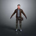 Man Wearing Brown Leather Jacket Gray T-Shirt Dark Pants Waist Bag Black Gloves Gray Background