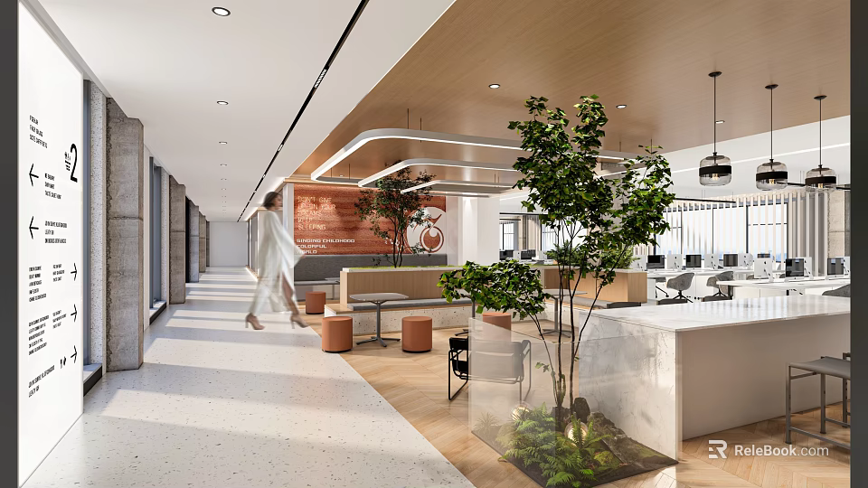 Modern Tea Room Interior Design With Green Plants Comfortable Seating And Open Layout 3d model