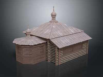 Traditional Wooden House With Log Structure Sloped Roofs And Small Spires 3d model