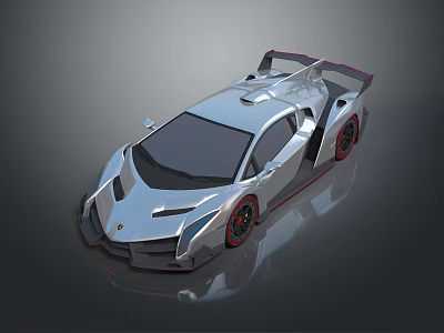 Silver Futuristic Sports Car With Sleek Body Rear Spoiler And Red Wheels 3d model