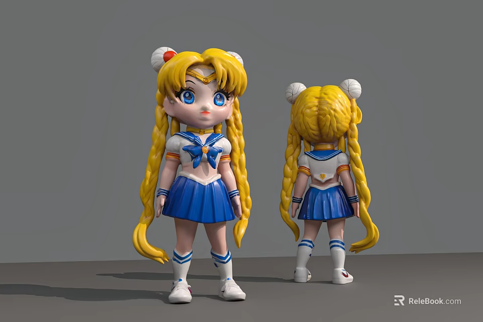 Cartoon Style Game Movie Character Blonde Twin Braids Blue Sailor Uniform Red Hair Accessories 3d model 