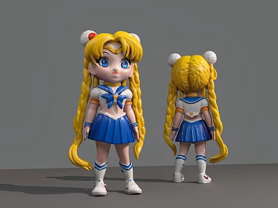 Cartoon Style Game Movie Character Blonde Twin Braids Blue Sailor Uniform Red Hair Accessories 3d model