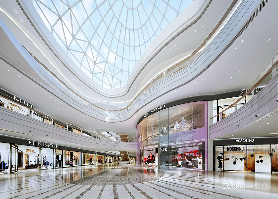 Modern Shopping Mall Atrium With Glass Dome Ceiling Multiple Levels Luxury Shops And Bright Lighting 3d model 