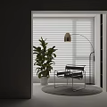 Modern Single Chair With Metal Frame Arched Floor Lamp Large Green Plant And Window Blinds