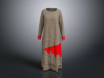 Gray Plaid Long Sleeve Dress With Red Cuffs And Asymmetric Red Accent Hem 3d model