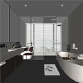 Modern Bathroom Interior Design With Glass Partition Bathtub Wooden Vanity And Window Blinds