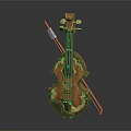 Decorative Wooden Violin Musical Instrument With Bow And Green Accents On Body