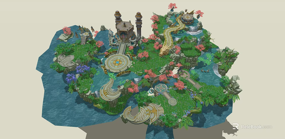 Magical Fantasy Island With Green Grass Pink Flowers Blue Water Tower And Decorative Platforms 3d model 