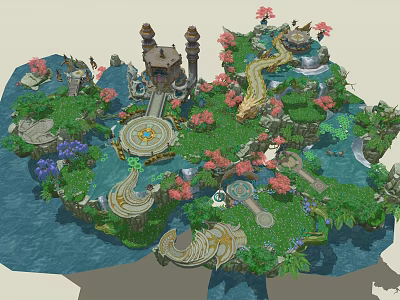 Magical Fantasy Island With Green Grass Pink Flowers Blue Water Tower And Decorative Platforms 3d model