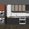Modern Kitchen Interior With Orange And Black Cabinets Patterned Tile Wall And Washing Machines