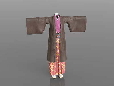 Traditional Brown Robe With Purple Lining And Red Yellow Patterned Pants Outfit 3d model