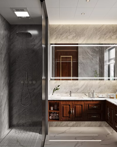 Modern Bathroom Featuring Glass Partition Showerhead Marble Walls Wooden Cabinets Large Mirror Vanity And Plants 3d model
