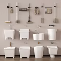 White Bathroom Fixtures And Wall Mounted Cleaning Tools In Ceramic Design 3d model
