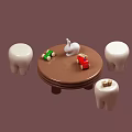 Brown Children's Table With Four White Stools Red Toy Car Green Blocks And White Rabbit