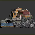 Cartoon Scene of Colorful Houses on Rock with Small Bridge and Boats in Water