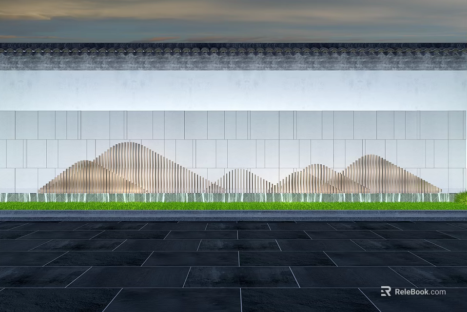 Garden Landscape Design With Mountain Shaped Wooden Structures Green Lawn And Black Stone Pavement 3d model 