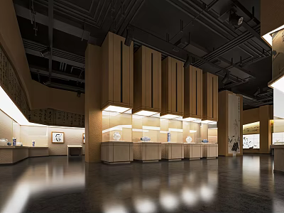 Spacious Exhibition Hall Interior With Wooden Display Cabinets And Bright Lighting 3d model