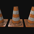 Three Worn Traffic Cones With Orange And White Stripes On Black Background