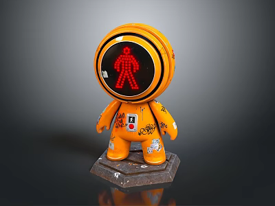 Orange Robot Figure With Round Head Red Display Human Icon Graffiti Body Hexagonal Worn Base 3d model