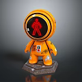 Orange Robot Figure With Round Head Red Display Human Icon Graffiti Body Hexagonal Worn Base