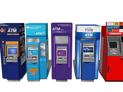 Colorful ATM Machines As Public Facilities With Various Designs For Banking Services 3d model