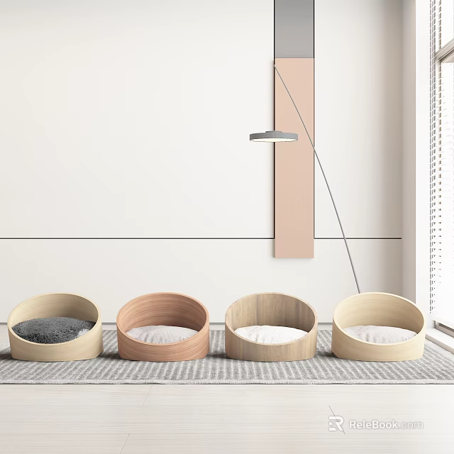 Four Round Wooden Pet Beds With Soft Cushions In Modern Indoor Setting 3d model 